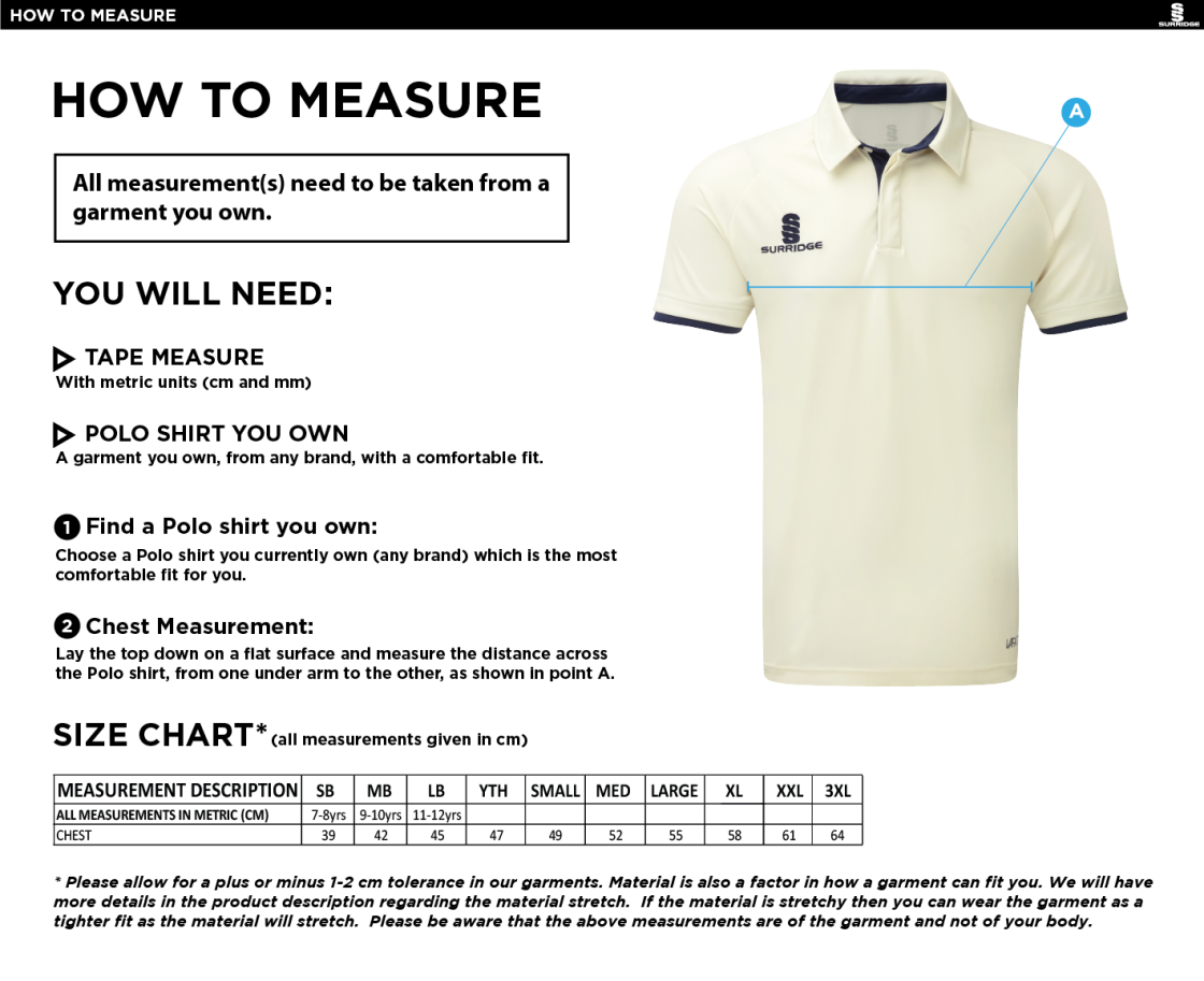 Maylands Green CC - Ergo Short Sleeve Green Trim Shirt - Size Guide
