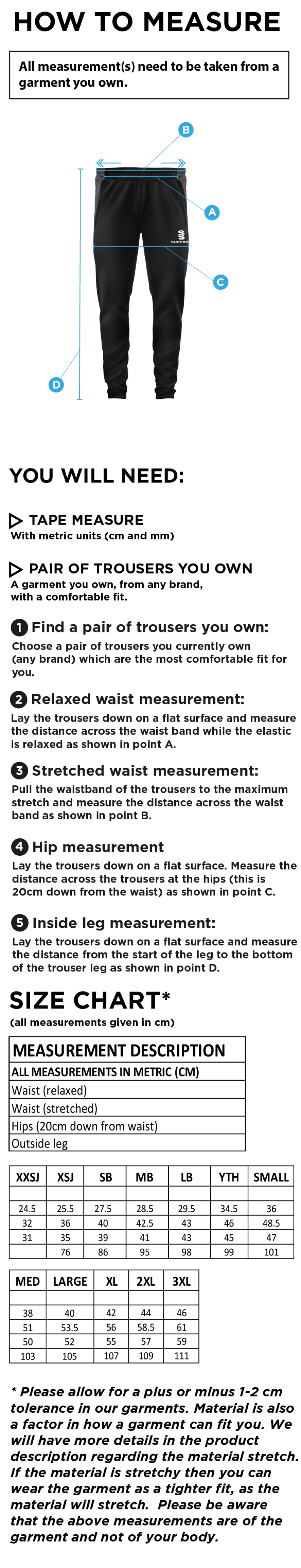 Maylands Green CC - Tek Slim Training Pants - Size Guide