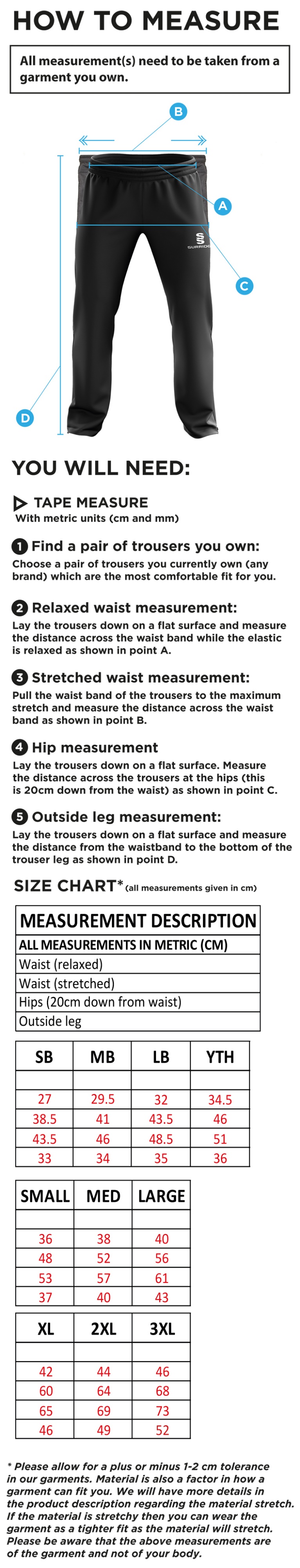 Maylands Green CC - Ripstop Track Pant - Size Guide