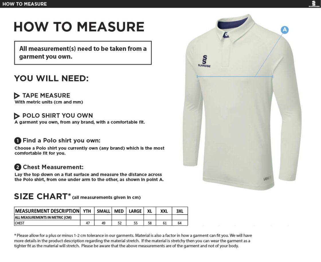 Maylands Green CC - Ergo Long Sleeve Green Trim Shirt - Size Guide