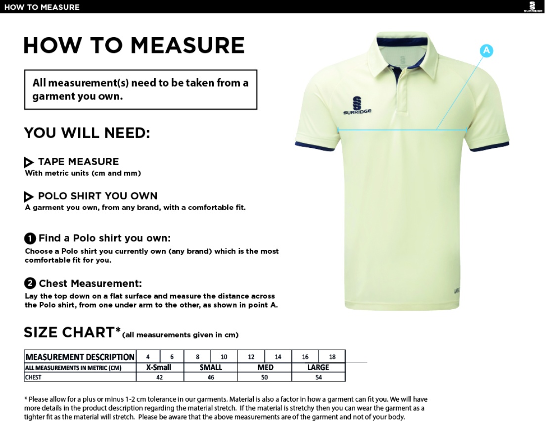MAYLANDS GREEN CC Dual Cricket Shirt Short Sleeve Womens - Size Guide