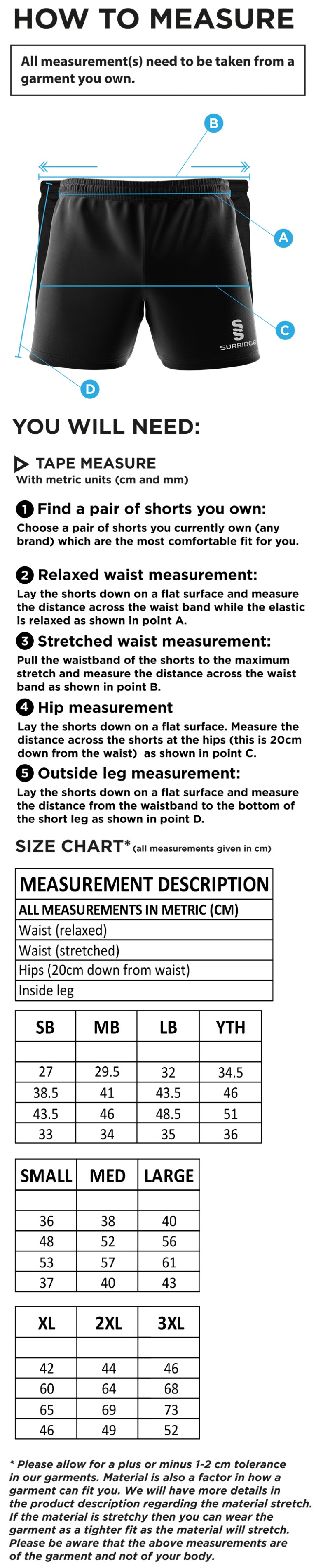 Maylands Green CC - Performance Gym Short - Size Guide
