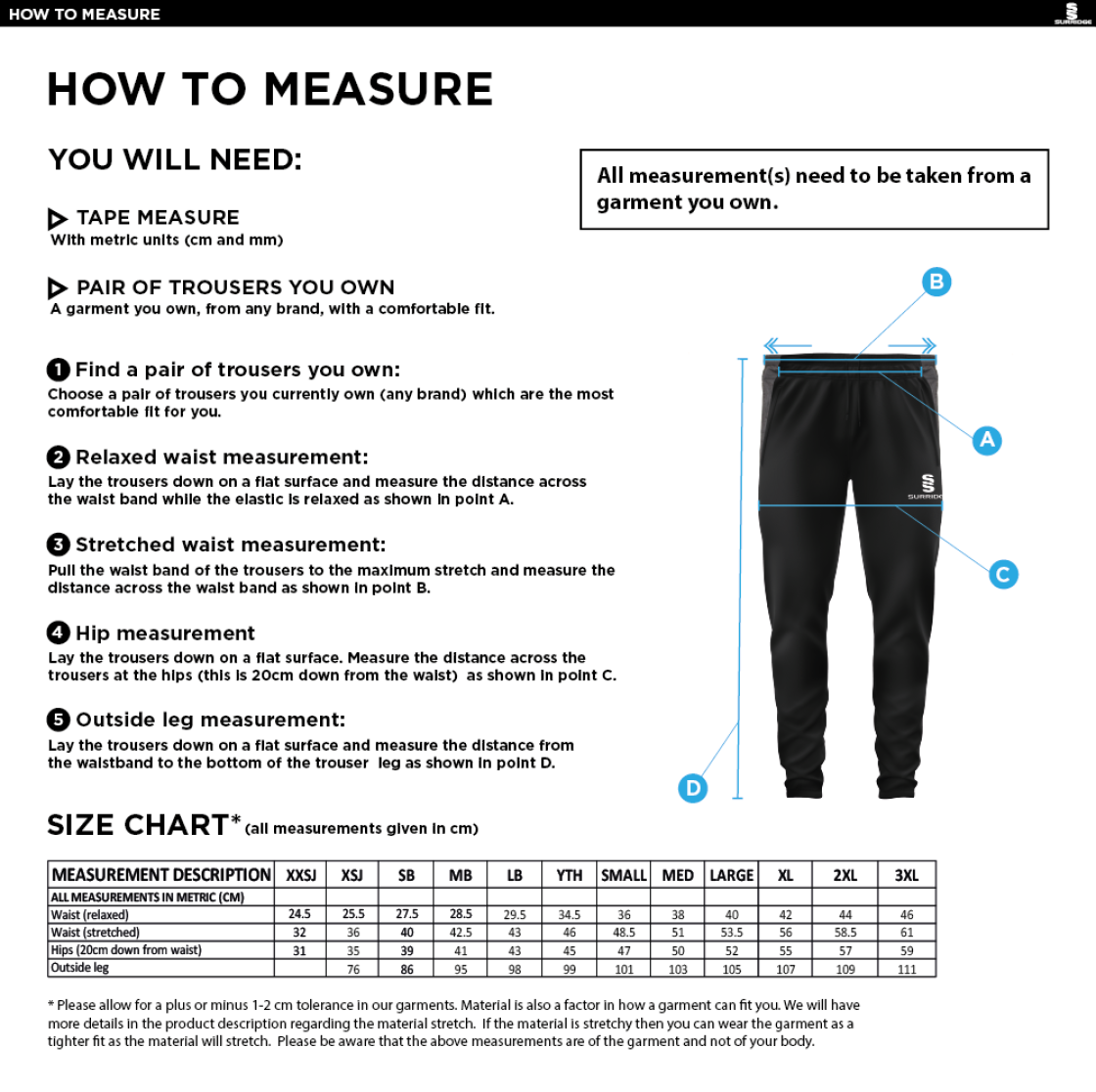 Maylands Green CC - Tek Slim Training Pants - Size Guide