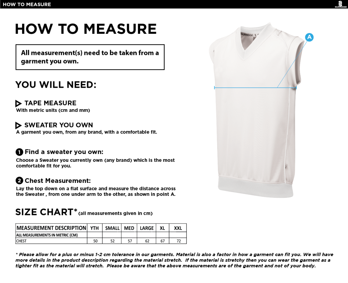 Maylands Green CC - Sleeveless Sweater Green Trim - Size Guide