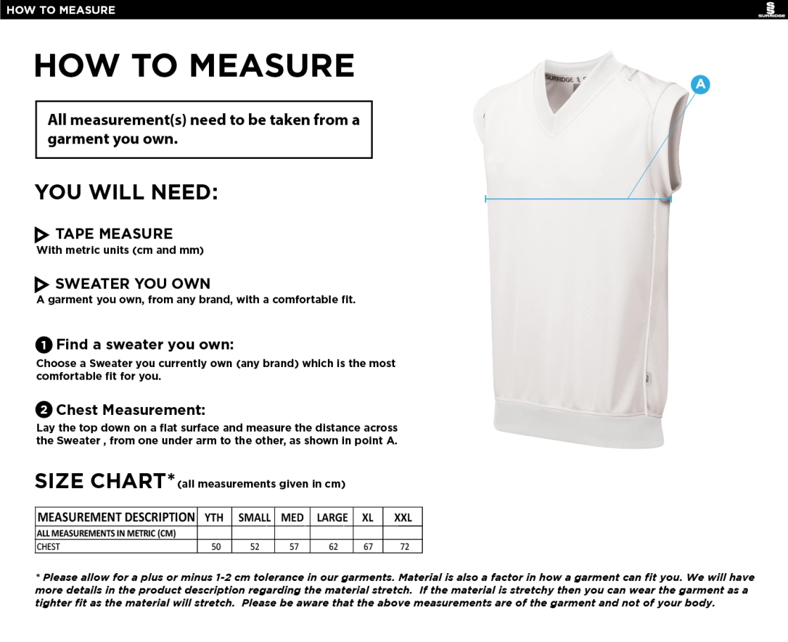 Maylands Green CC - Sleeveless Sweater Green Trim - Size Guide