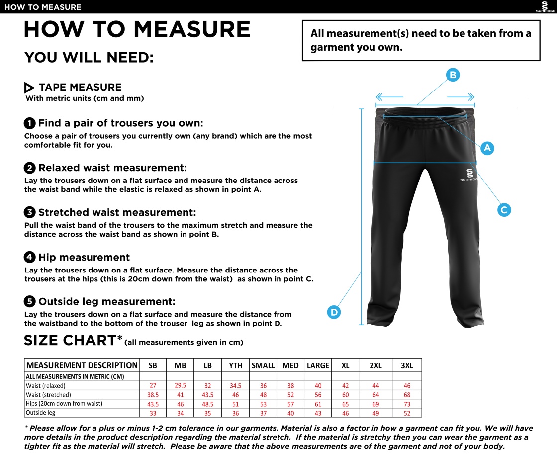 Maylands Green CC - Ripstop Track Pant - Size Guide