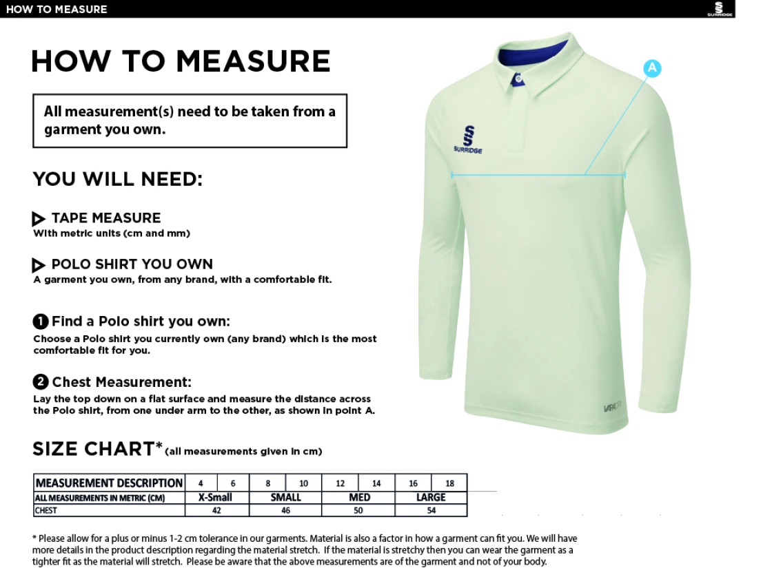 MAYLANDS GREEN CC DUAL LONG SLEEVE CRICKET SHIRT (WOMENS)-Ivory - Size Guide