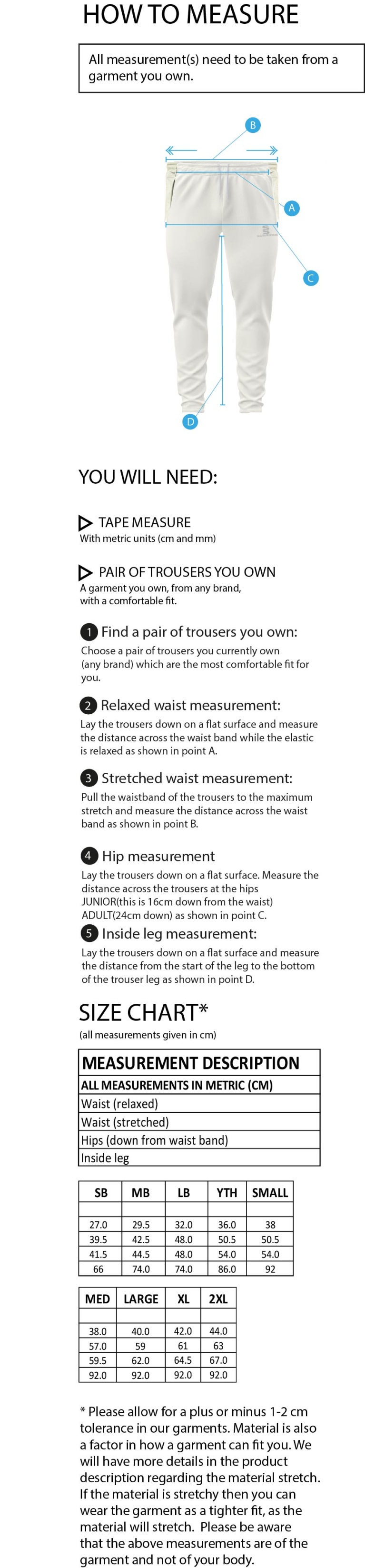 Maylands Green CC - Ergo Playing Pant - Size Guide