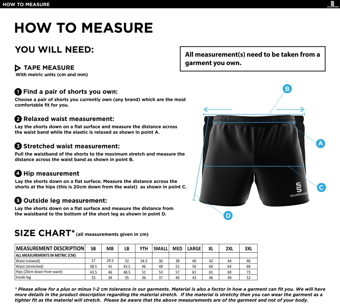 Maylands Green CC - Performance Gym Short - Size Guide