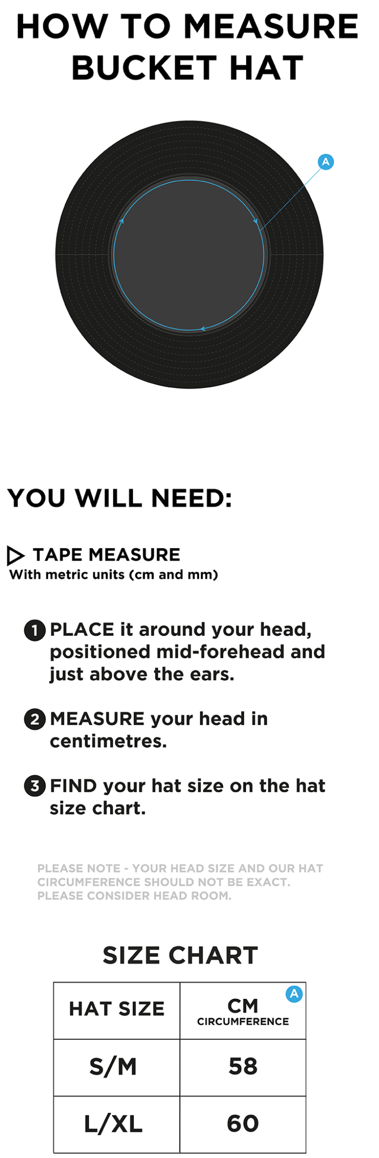 MAYLANDS CC Dual Bucket Hat - Black - Size Guide