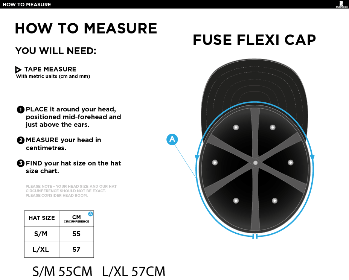 MAYLANDS GREEN CC Fuse Flexi Cap - Black - Size Guide